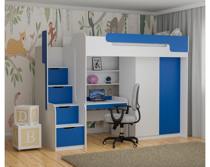 Multifunkční patrová postel Dori, lamino bílá/modrá Multifunkční patrová postel Dori, lamino bílá/modrá