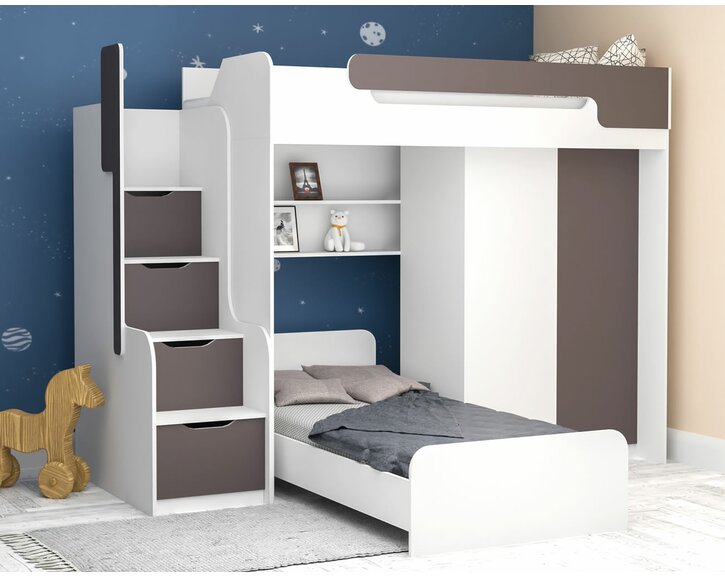 Multifunkční patrová postel Dori se spodní postelí a skříní, lamino bílá/grafit