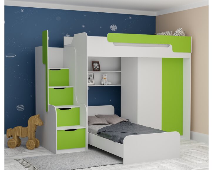 Multifunkční patrová postel Dori se spodní postelí a skříní, lamino bílá/zelená