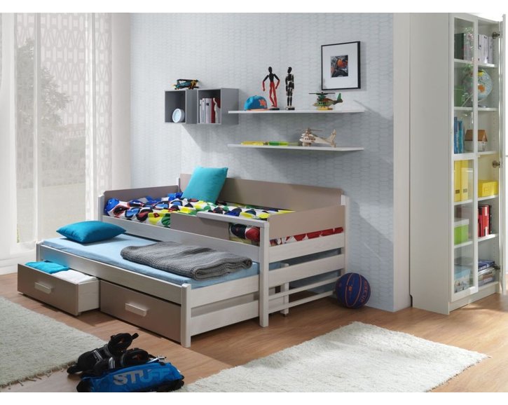 Dětská postel s přistýlkou a úložným prostorem DORIS, masiv borovice