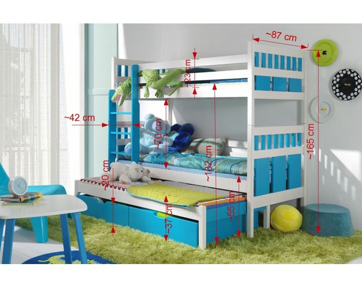 Poschoďová postel s úložným prostorem pro 3 děti MAX, masiv borovice